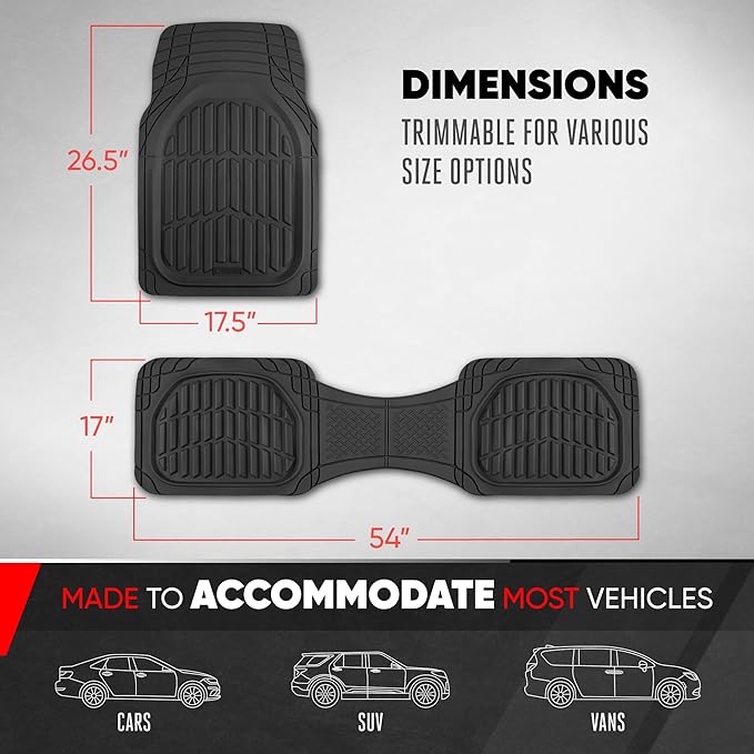 Motor Trend FlexTough LITE Rubber Car Mats Full Set - All Weather Floor Mats for Trucks, Cars & SUVs - Automotive Waterproof Black Car Floor Mats for Cars Interior Accessories Universal Trim-to-Fit