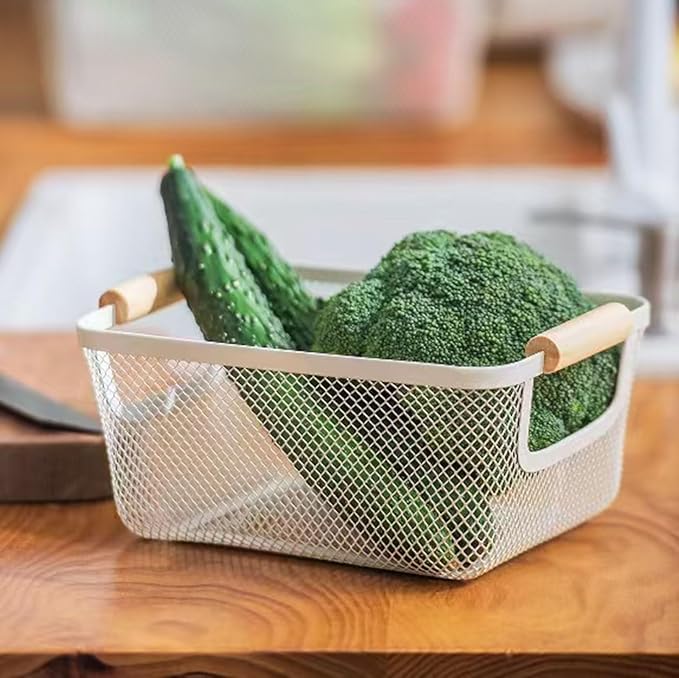 AJIODA Metal Mesh Steel Basket, Medium Wire Storage Organizer Basket Multi-function Hanging Kitchen Basket with Wood Handle f