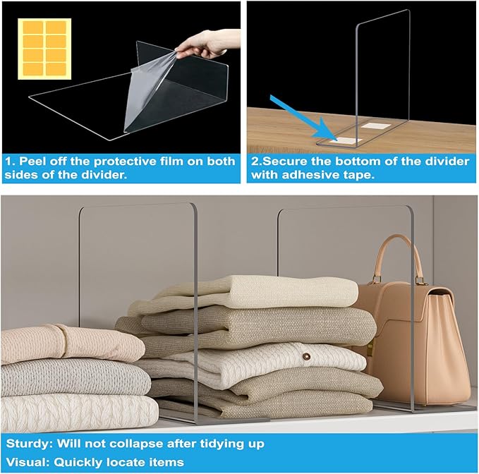 OKPOW Shelf Dividers Closet Organizer - 12" Tall X 9" Deep Acrylic Clear Sturdy Separate for Clothes Purse - Adjustable Space