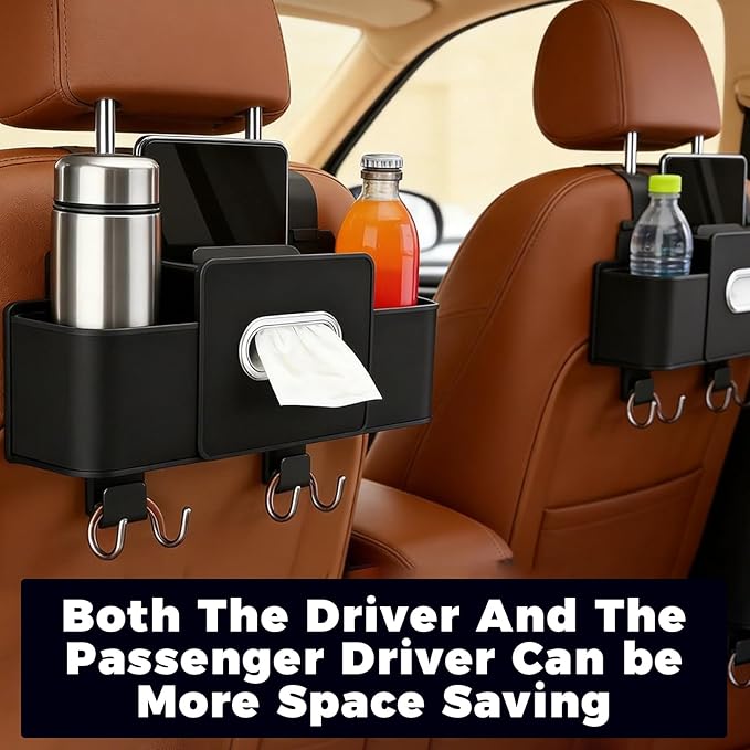 4-in-1 Car Organizer Back Seat,Upgraded Multifunctional Back Seat Car Organizer,Partition Design,Multi-Hanging Storage Box with 2 Cup Holders,Tissue Box, for Hold Mobile Phone(Black)