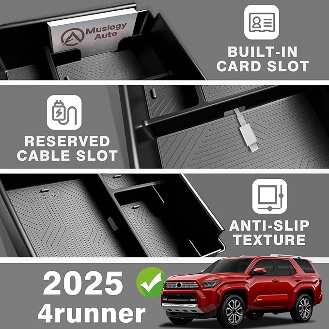 Muslogy Center Console Organizer & Cup Holder Inserts Compatible with 2025 2026 Toyota 4Runner Armrest Tray with Card Slot Divider Storage Box Non-Slip Silicone Front Drink Stoppers Rubber Cup Holder