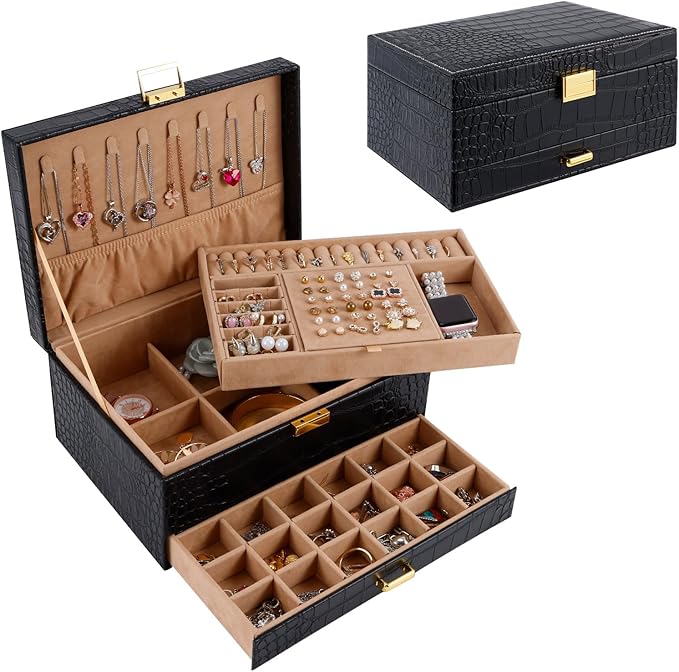 Gifturbo Jewelry Box for Women,Jewelry Boxes for Girls, 3 Layers Large Travel Jewelry Storage Organizer Box for Earring,Ring,