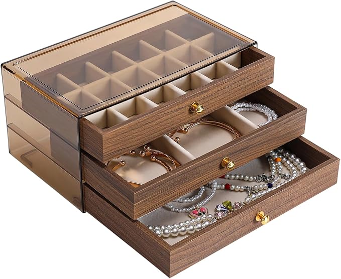 3 Layer Wooden Drawers Jewelry Box Vintage Style Jewelry Organizer with Acrylic Cover, Jewelry Storage Display Box for Ring E
