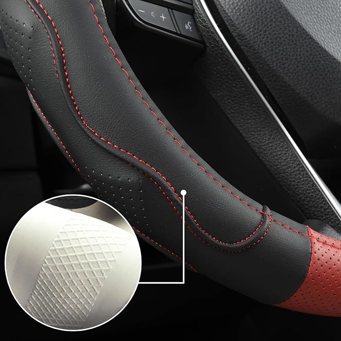 West Llama Customized Auto Car Steering Wheel Cover with 3D Texture for Dodge RAM 1500 2500 3500, 15.5-16 inch (Black+Red-Lar