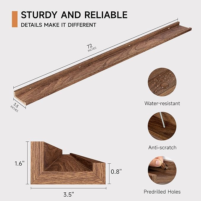 Floating Picture Ledge Shelves for Wall Set of 2, 72 Inches Picture Ledge Shelf with Long Large Nursery Book Shelf for Toys S
