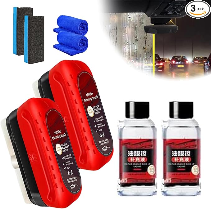 Automotive Oil Film Cleaning Brush, Oil Repellent Film For Car Windows (2pcs+120ml)