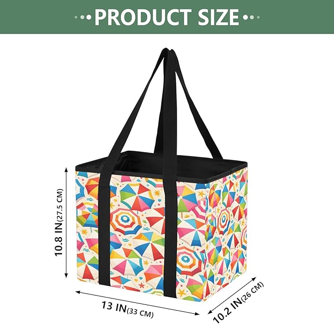 Colourful Beach Umbrellas Reusable Grocery Bags Large Shopping Tote Bag with Reinforced Bottom Board, Water Resistant Foldabl