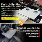 Car Food Tray & Car Table Tray with Car-Grade Aluminum Cup Holder & Phone Stand, Premium Wood with Leather Surface, 360° Rotating Car Desk for Laptop &Eating (Square, White)