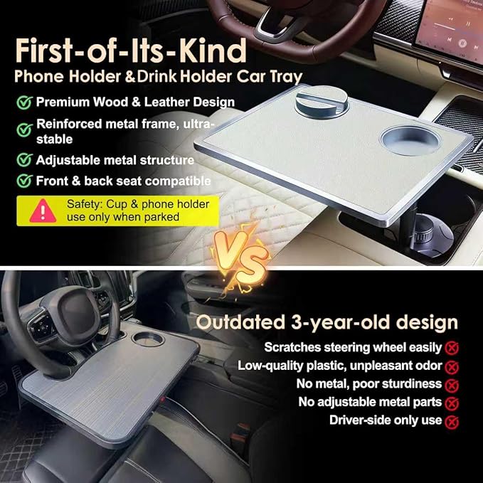 Car Food Tray & Car Table Tray with Car-Grade Aluminum Cup Holder & Phone Stand, Premium Wood with Leather Surface, 360° Rotating Car Desk for Laptop &Eating (Square, White)