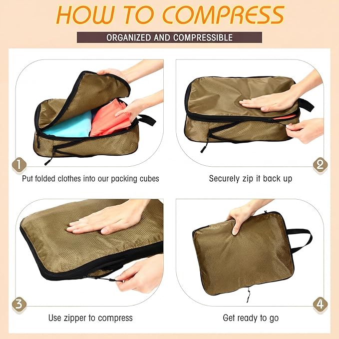 5 Pack Compression Packing Cubes for Travel Space Saving Cubes Luggage Organizer for Suitcase(Apricot,Mixed)