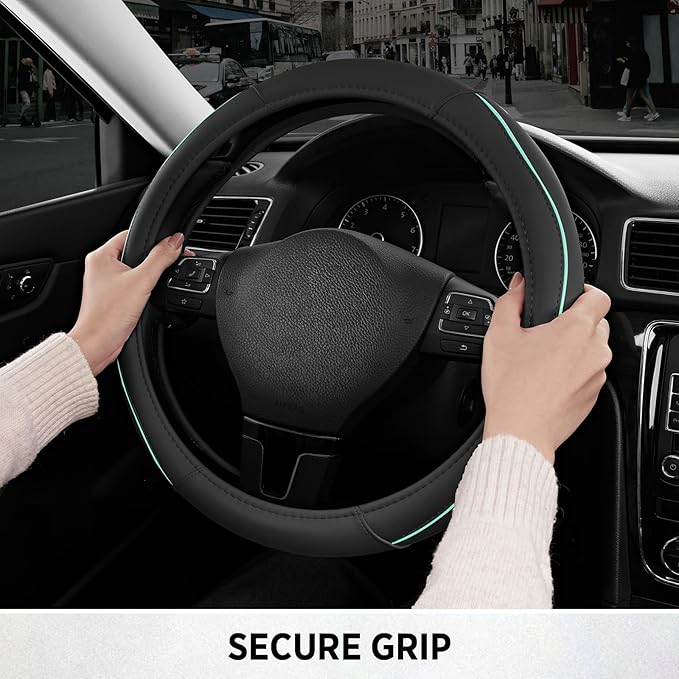 Road Comforts Leather Steering Wheel Cover with Decorative Trim and Piping, Anti-Slip Breathable Design, Fits 14.5–15 Inch Ro