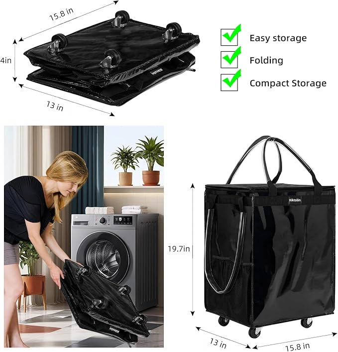 (Medium, Black) Reusable Grocery Bag on 4 Wheels, Foldable Rolling Tote Carries Up to 66lb Shopping Trolley, Rolling Bag with 3 Handles, Zipper Clouser Rolling Tote Bag with Wheels for Laundry