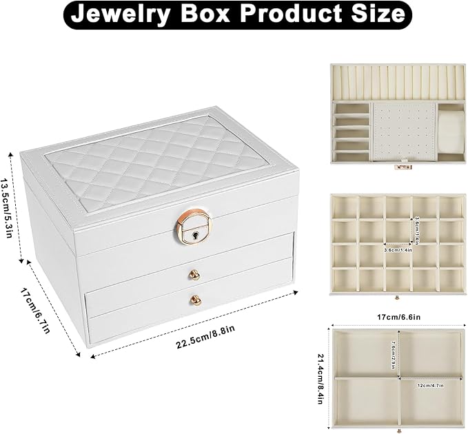 Jewelry Box, 3-Layer Jewelry Boxes for Women, Stud Earings Holder Jewelry Organizers and Storage with Removable Jewelry Tray,