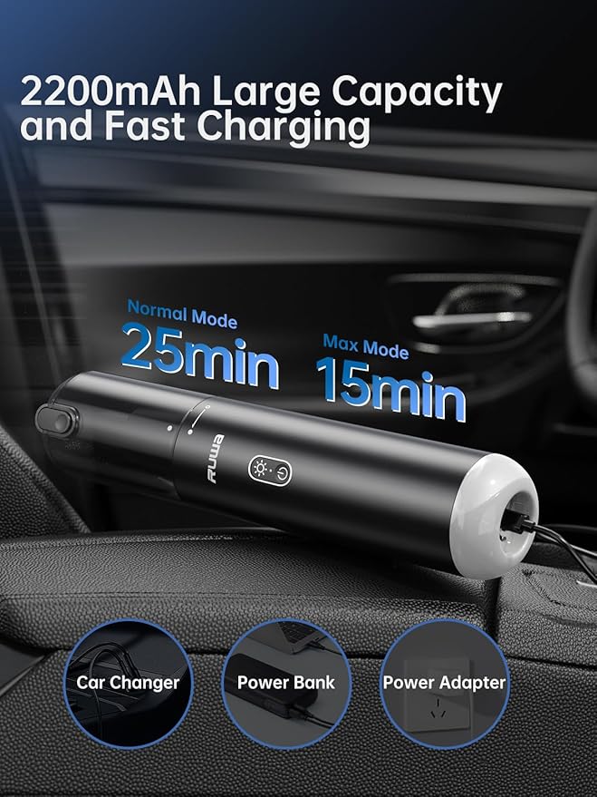 ruwa Car Vacuum Cleaner Handheld Vacuum Cordless, Rechargeable 14,000PA High-Power with 2 Speeds, 300ml Dust Cup, Lightweight