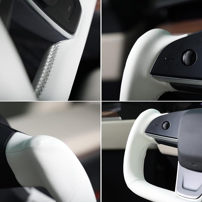 MEWANT Hand Stitched White Leather Steering Wheel Cover Wrap for Tesla Model S 2021-2023 / Model X 2021-2023 Steering Wheel Accessories