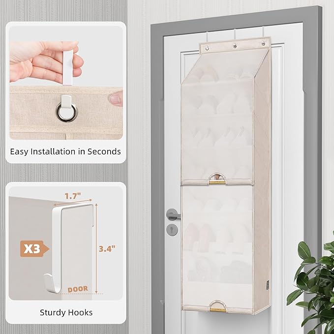 STORAGE MANIAC Over the Door Shoe Organizer with Curtain Dustproof Heavy-Duty Large Deep Pocket Hanging Shoe Organizer for Cl
