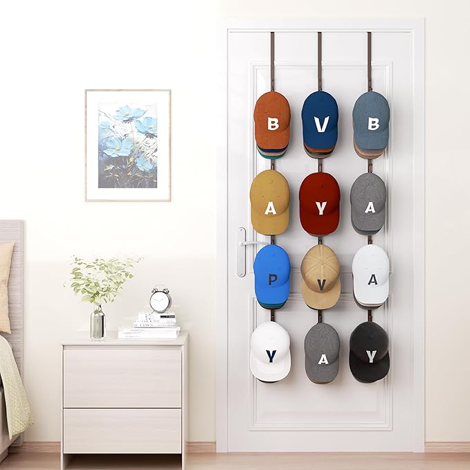 HapiRm Over Door Hat Rack - 3 Packs Hat Organizer with 12 Hooks Design, Hanging Baseball Cap Organizer Storage Holds Up to 60