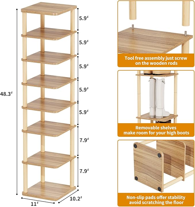 LUCKNOCK Vertical Shoe Rack, 8-Tier Tall Narrow Shoe Organizer for Entryway, Closet, Dorm & Small Spaces, Freestanding Wooden