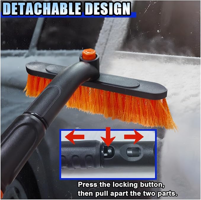 31.5" Detachable Snow Brush and Ice Scraper for Car Windshield, 2-in-1 Winter Snow Removal Tool with Extendable, 360° Rotating Soft Bristle Brush Head and Foam Grip for Most Vehicles (2PCS&Orange)
