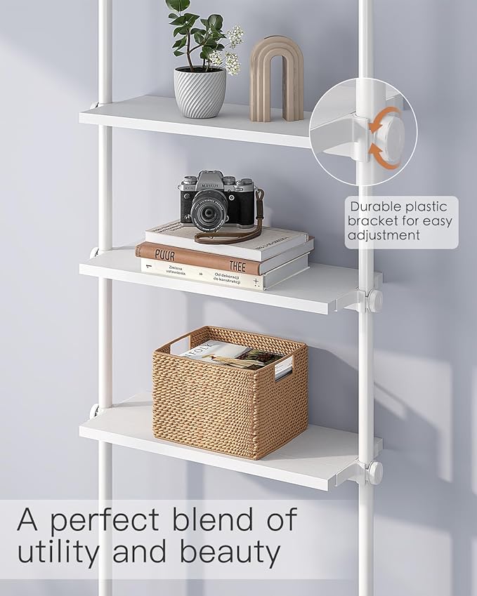 ALLZONE 5 Tiers Narrow Bookshelf, Tall Adjustable Ladder Book Shelf with Open Storage, Floor to Ceiling Tension Mount, Wooden