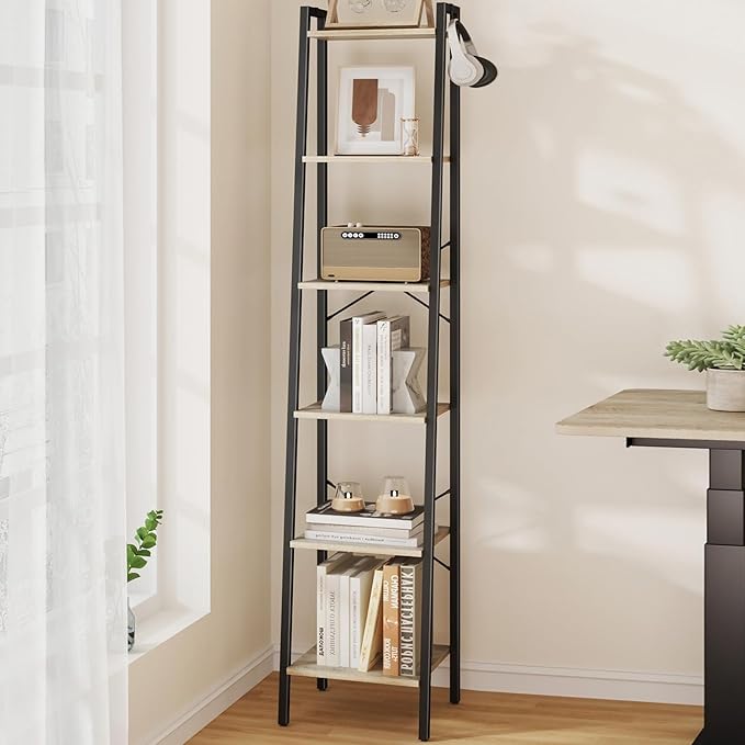 Hzuaneri Ladder Shelf, Bookshelf Bookcase, Freestanding Corner Storage Shelve with 2 Hooks for Home Office, Living Room, Kitc