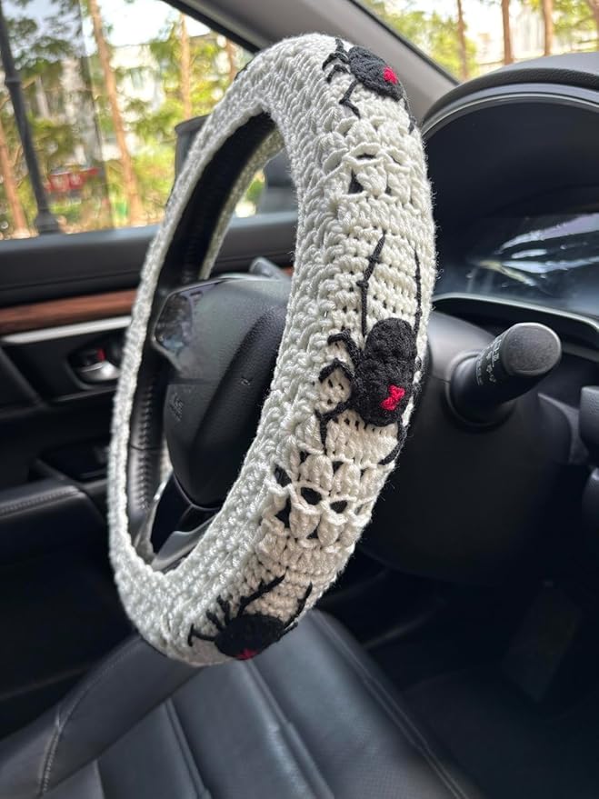Crochet Spider Steering Wheel Cover Universal 14-15 inch (C,Steering Wheel Cover)
