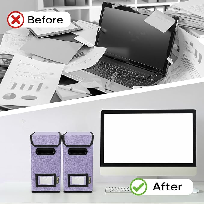 BALEINE File Organizer Box with Lid, Collapsible File Folder Organizer with Plastic Slide, Hanging File Folder Box for Office