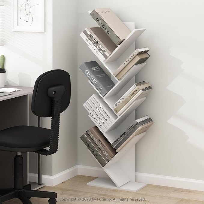 Furinno TREE Book Shelf, 9-Tier Bookshelf, Tree Bookcase with Angled Open Shelf, 8.4 x 15.7 x 50.9, for Room Decor, for Livin