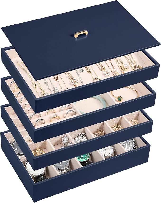 Voova Stackable Jewelry Organizer Tray with Lid, PU Leather Jewelry Storage Holder for Drawer Inserts, Jewellery Display Box 