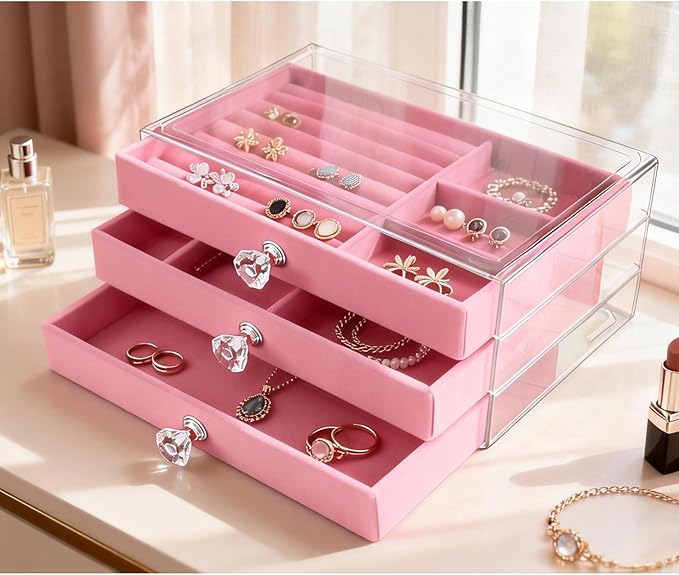 Clear Acrylic Velvet Jewelry Organizer with 3 Drawers, Stackable Display Storage Earrings Necklace Rings Bracelets Box Holder