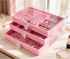 Clear Acrylic Velvet Jewelry Organizer with 3 Drawers, Stackable Display Storage Earrings Necklace Rings Bracelets Box Holder