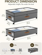 Under Bed Storage with Wheels, 10 inches Under Bed Storage Containers, 65L XXL Large Adjustable Underbed with Lids, Rolling U