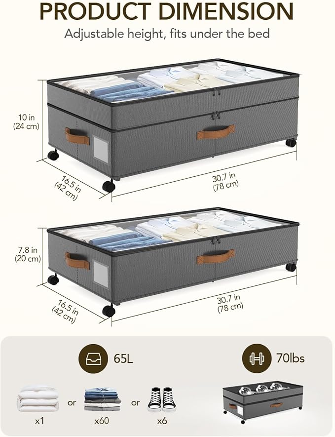 4 Pack Under Bed Storage with Wheels, Adjustable Height Storage Containers, 10 inches Large Capacity Rolling Underbed with Li