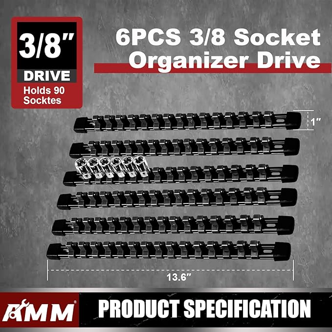 AMM 6-Piece Socket Organizer，3/8 inch Drive ABS Tools-Socket Holder，Heavy Duty Socket Racks，Premium Quality Socket Clip Rail 