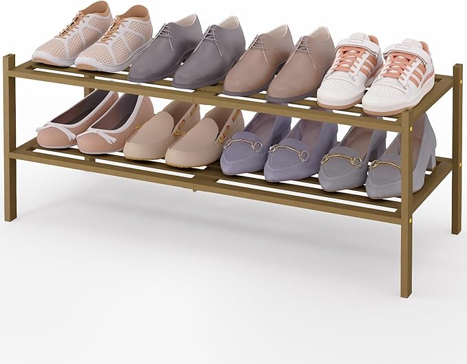 Smiry Long Bamboo Shoe Rack 2-Tier, Stackable Wooden Shoe Organizer for Entryway & Closet, Free Standing Wood Shoe Storage Sh
