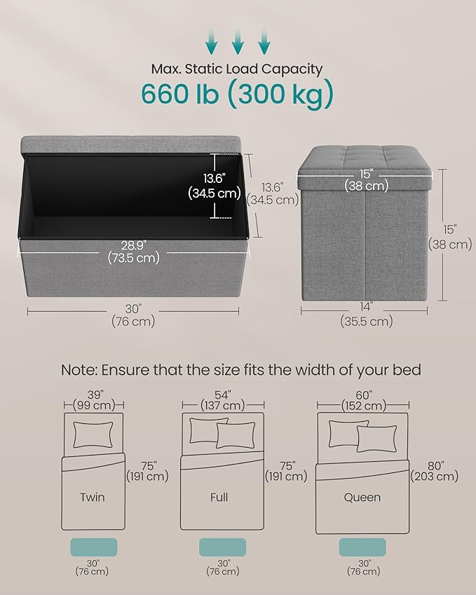 SONGMICS MAZIE Collection - 30 Inches Folding Storage Ottoman Bench, Ottoman Foot Rest, End of Bed Bench, Storage Chest, Load