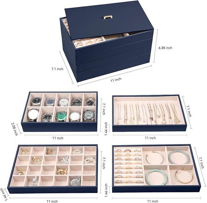 Voova Stackable Jewelry Organizer Tray with Lid, PU Leather Jewelry Storage Holder for Drawer Inserts, Jewellery Display Box 