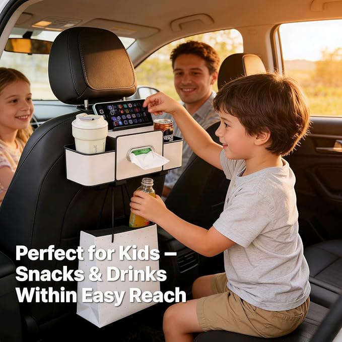 Back Seat Car Organizer, 4-in-1 Multifunctional Storage Box with Cup Holder & Tissue Holder, Premium Leather Adjustable Seat Back Organizer for Phone, Snacks, Purse for SUV Minivan Travel (Beige)