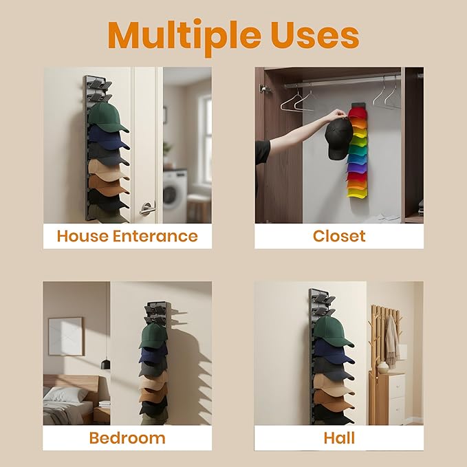 2 Pack Baseball Hat Organiser, Wall Mount Hat Rack with Built-In Spring Clips, Baseball Cap Organizer for Closet & Door, Adhe