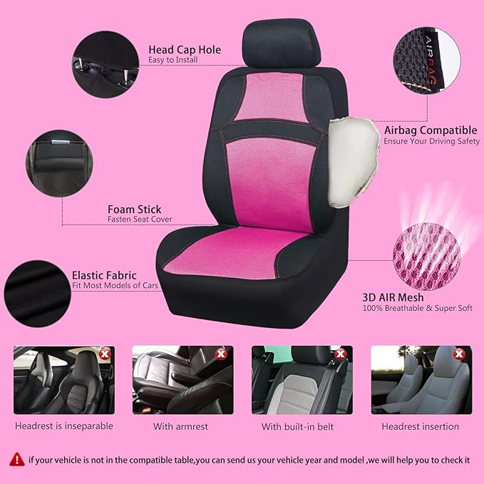 CAR PASS Rainbow Cool Universal Fit Two Front 3D Air Mesh Car Seat Cover with Steering Wheel & Blet Cover-Airbag Compatible (Front Seats only, Black- Pink)