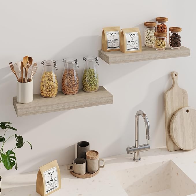 Fun Memories Floating Shelves for Wall, 24 Inch Floating Shelves Set of 2, Hanging Shelf with Invisible Brackets, Wood Shelve