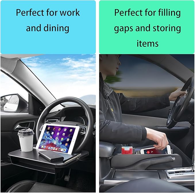 Multi-Functional Car Steering Wheel Desk - Great for Eating, Studying, and Working, Includes Side Seat Storage to Help Prevent Dropping, Bonus: Free Car Phone Holder Included