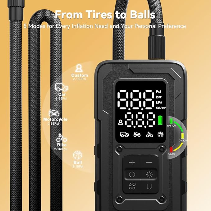 Tire Inflator Portable Air Compressor, Up to 160 PSI Car Tire Inflator, Cordless Air Pump, Portable Tire Pump with Gauge - Portable Tire Inflators for Car, Light Pickup, Bike and More