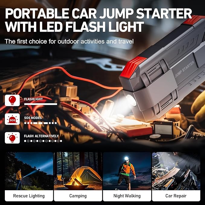 4000A Car Battery Jump Starter, Portable Car Jump Starter for Up to 10L Gas and 8L Diesel Engines, 12V Jump Box with 3 Modes
