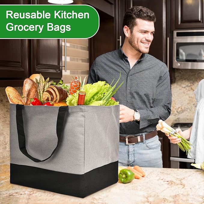 Canvas Reusable Grocery Bags Heavy Duty, 8.3 gal Foldable Large Tote Bag with Handles, Holds 60 lbs Canvas Shopping Bags, 1 Pack