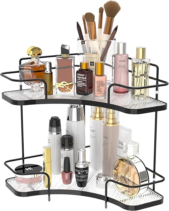 FOLLOWIN 2 Tier Bathroom Countertop Corner Organizer, Countertop Perfume Tray, Vanity Counter Shelf, Skincare Makeup Cosmetic