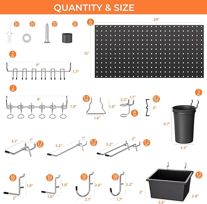 INCLY 226PCS Metal Pegboard Wall Organizer, 48x36 Inch Black Peg Board Panels Tool Organizer Kit with Hooks Bins and Cups, Pe