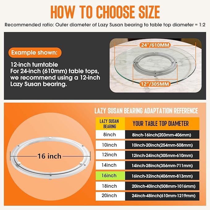 Heavy Duty Lazy Susan Turntable Bearing 16 Inch, 500lbs Capacity Rotating Swivel Plate for Round Table, Heavy Duty Swivel Bas