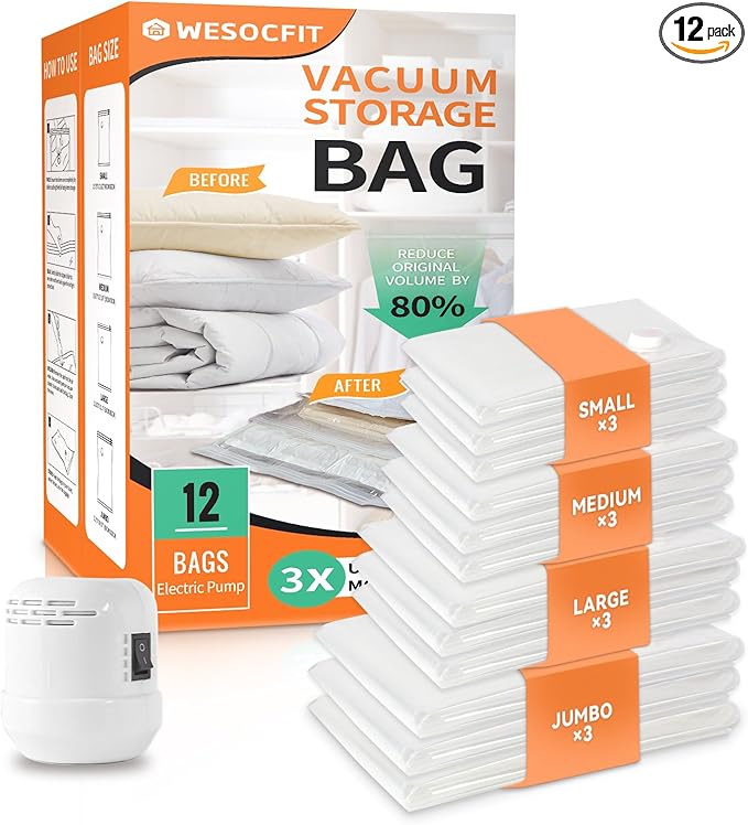 12 Pack Vacuum Storage Bags with Electric Pump, (3 Small, 3 Medium, 3 Large, 3 Jumbo) Vacuum Seal Bags for Clothing, Space Sa