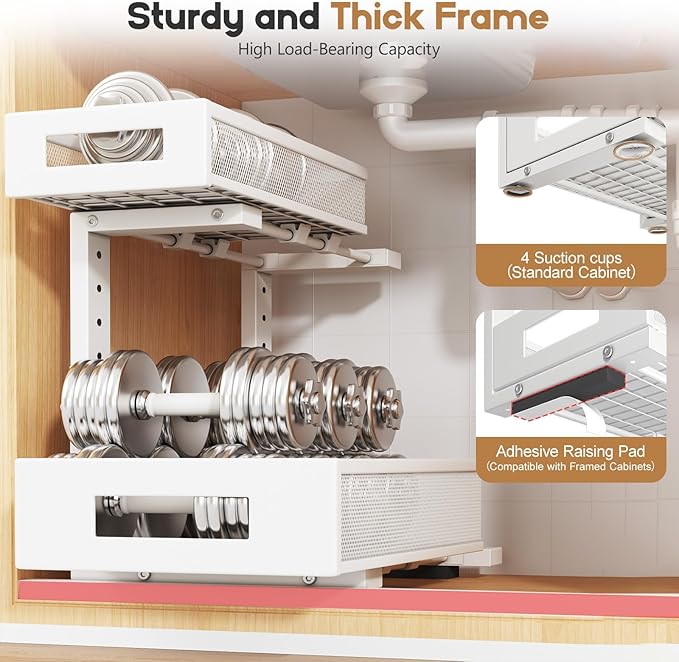 2-Pack Under Sink Storage Organizer, Large 2-Tier Elegant Mesh Pull Out Shelf for Kitchen and Bathroom Cabinet Organization, 